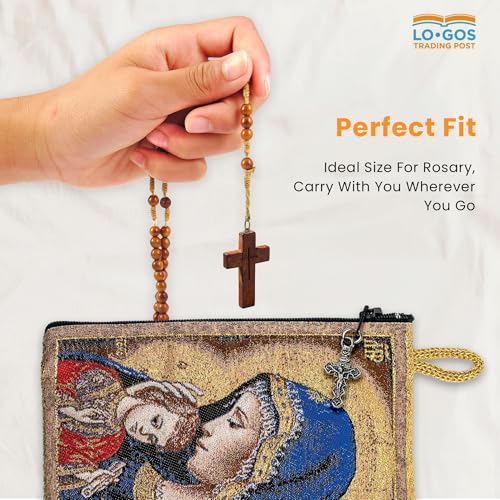 Image of Catholic Rosary Pouch, 4 inch x 6 inch Jewelry & Coin Purse with Cross, Small Woven Tapestry Icon Bag, Bolsa de Rosario Catolico para Joyeria, Madonna and Child & IC XC Cross - Red, 4 inch x 6 inch