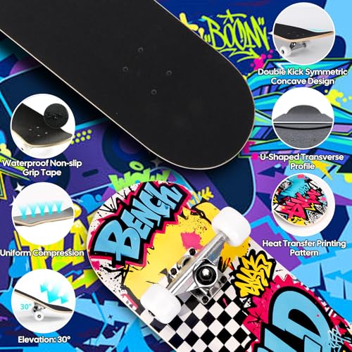 Image of Skateboards for Beginners Adults Youths Teens Kids Girls Boys 31 Inch Pro Complete Skate Boards 7 Layer Canadian Maple Double Kick Concave Longboards