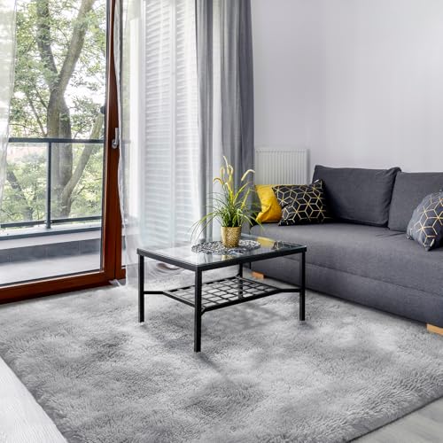 Living Room Rug, Light Grey Soft Fluffy Tie-Dyed Shag Carpet for Bedroom Dorm Lounge, Non-Slip Washable Throw Rug for Home Decor, 120x180 cm
