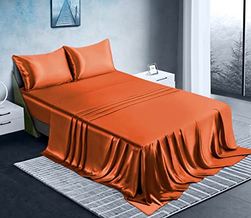 Manyshofu Satin Queen Sheets Set 4 Piece - Soft Silky Satin Sheets Set, Rust Orange Satin Bed Sheets Cooling & Luxury Bedding Sheet Set(1 Satin Fitted Sheet, 1 Satin Flat Sheet, 2 Satin Pillow Cases) #TOP1