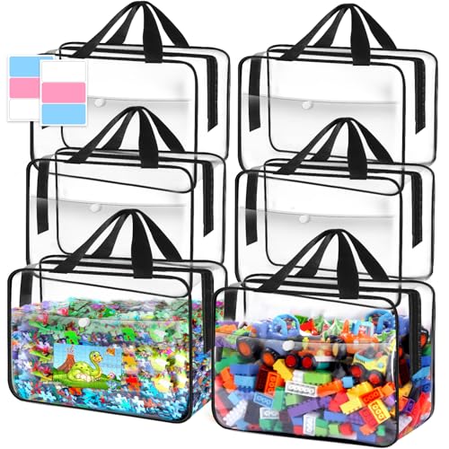 Pydeeirom Toy Storage Bags 6 Packs, Kids Toy Storage Organizer with Zipper and Labels, PVC Clear Bags for Board Games, Books, Puzzles, Building Blocks(Large, Black)