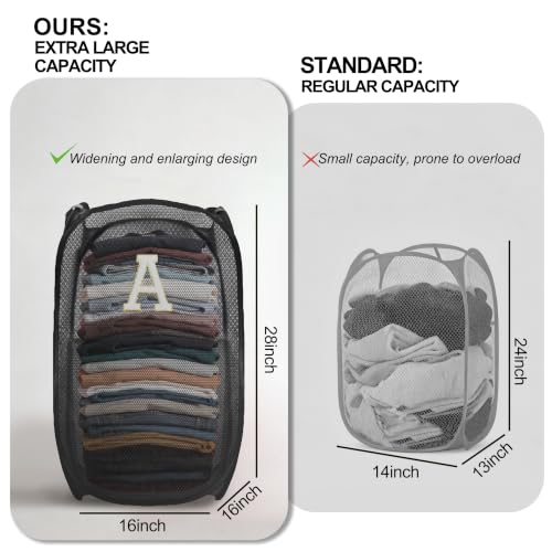 Image of Collapsible Pop Up Laundry Hamper, Extra Large with Removable Initial Letter A, Mesh Foldable Laundry Basket, 28 inch x 16 inch x 16 inch (Black)