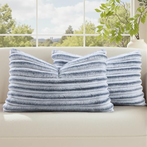 Image of decorUhome Fall Cozy Faux Fur Throw Pillow Covers 12x20 Set of 2 Decorative Soft Plush Striped Lumbar Modern Farmhouse Boho Couch Pillow Cases with Velvet Back for Sofa Bed Living Room, Grey White