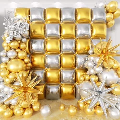 Image of 36pcs Gold and Silver Square Foil Balloons Wall Backdrop with 147pcs Balloon Garland Arch Kit, Double Sided Balloons for Birthday Bridal Shower Anniversary New Year Graduation Party Decorations