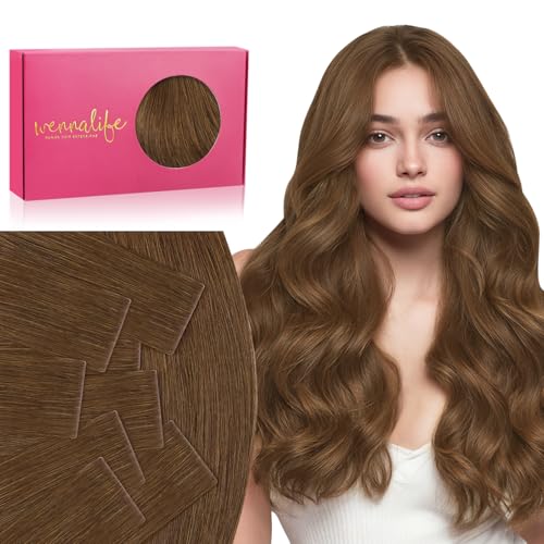 Image of WENNALIFE Invisi Edge Tape in Hair Extensions Human Hair,#5R,16 Inch | 16 Inch 50g 20pcs Light Auburn Brown Invisi Remy Hair tensions Natural Seamless Injected Tape Ins Straight