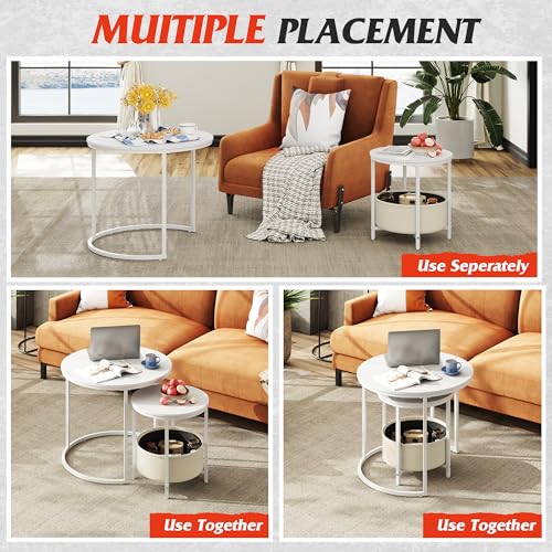 Image of WLIVE Round Coffee Table Set of 2, 60X60X51cm Nesting Tables with Ample Storage, Wooden Wide Side Table with Sturdy Metal Frame for Living Room or Office, White