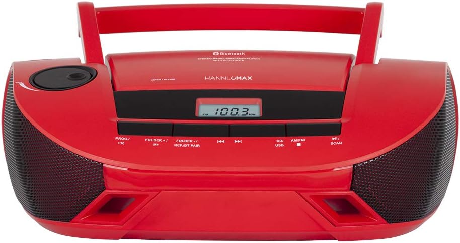 HANNLOMAX HX-328CD Portable CD Boombox with AM/FM Radio, Bluetooth, USB Port for MP3 Playback, Aux-in AC/DC Dual Power Source. (Red)