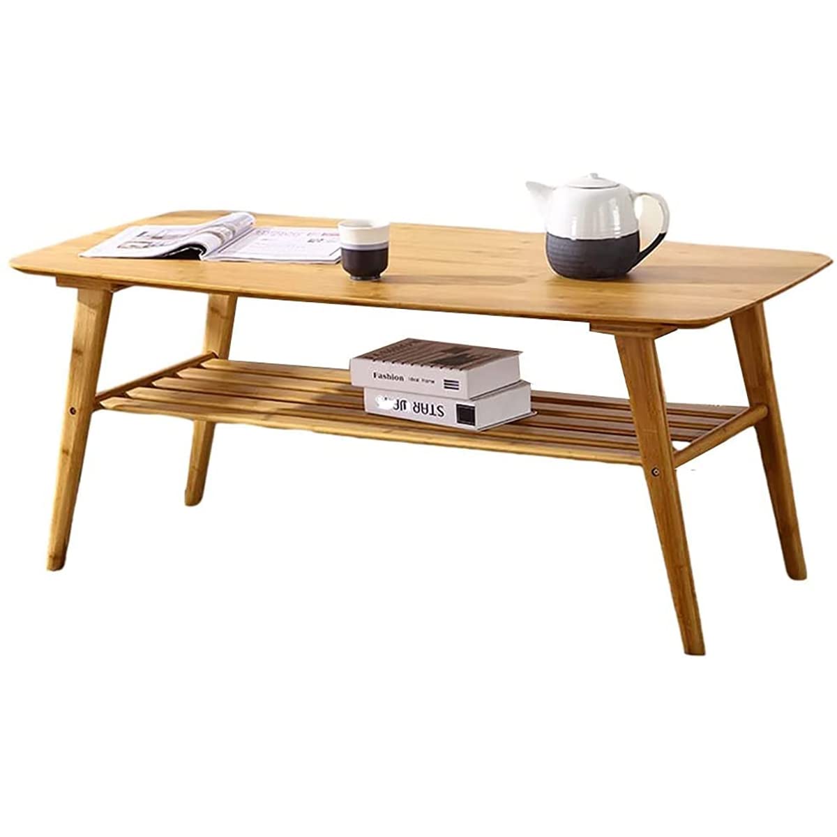 Coffee Table Bamboo Center Table: 2 Tier 100x50x50cm Rectangle with Storage Shelf for Living Room Reception Room, Easy Assembly