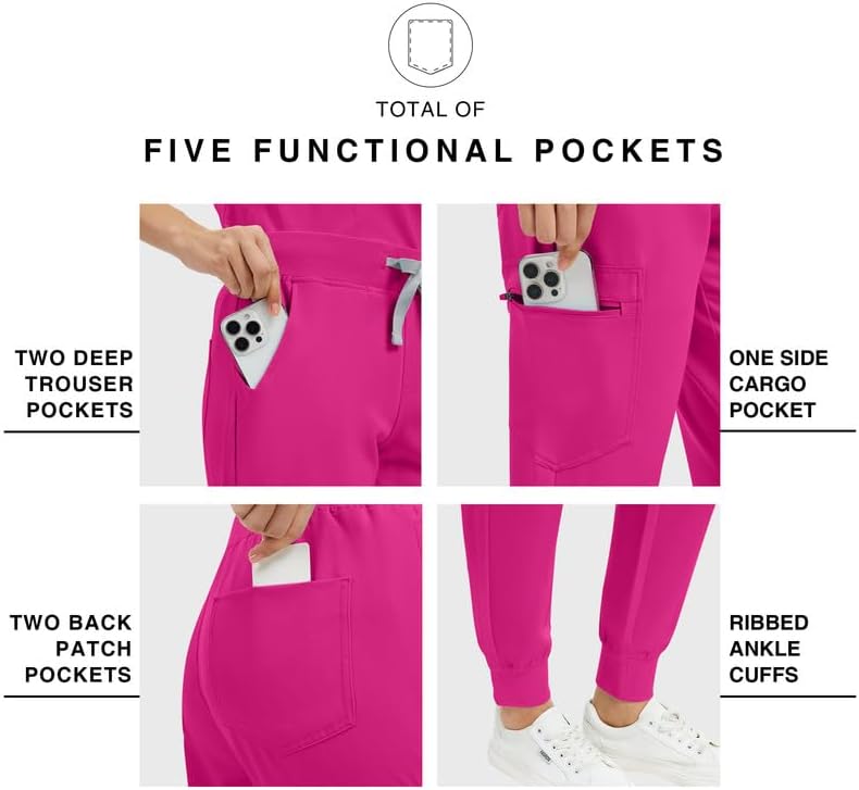 Kitmaz Scrub Pants for Women - Mid Rise 4-Way Stretch Anti-Wrinkle Slim Fit Jogger Pants, Drawstring & 5 Pockets Hot Pink