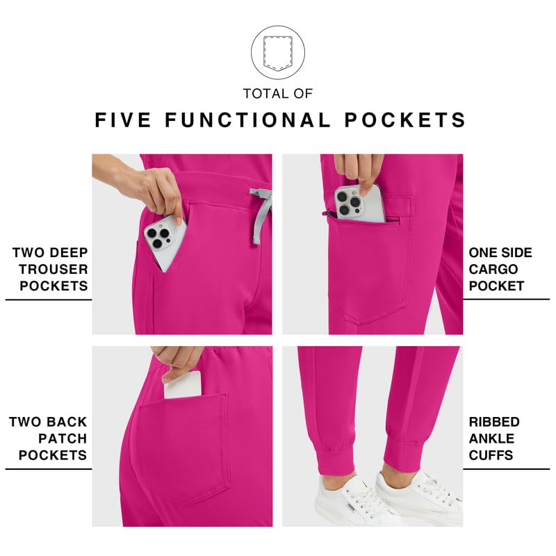 Image of Kitmaz Scrub Pants for Women - Mid Rise 4-Way Stretch Anti-Wrinkle Slim Fit Jogger Pants, Drawstring & 5 Pockets