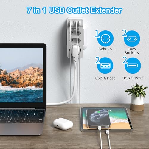 Doppelstecker für Steckdose, Mehrfachstecker mit USB, 7 in 1 Doppelsteckdose Steckdosenleiste mit USB Steckdosenadapter 3 Fach, 4000W 16A Mehrfachsteckdose Ohne Kabel Steckdosenverteiler, Grau 2