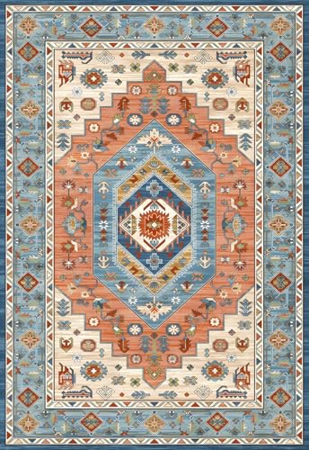 Alfombra de pelo corto suave Rururug azul tradicional lavable de gran calidad 3