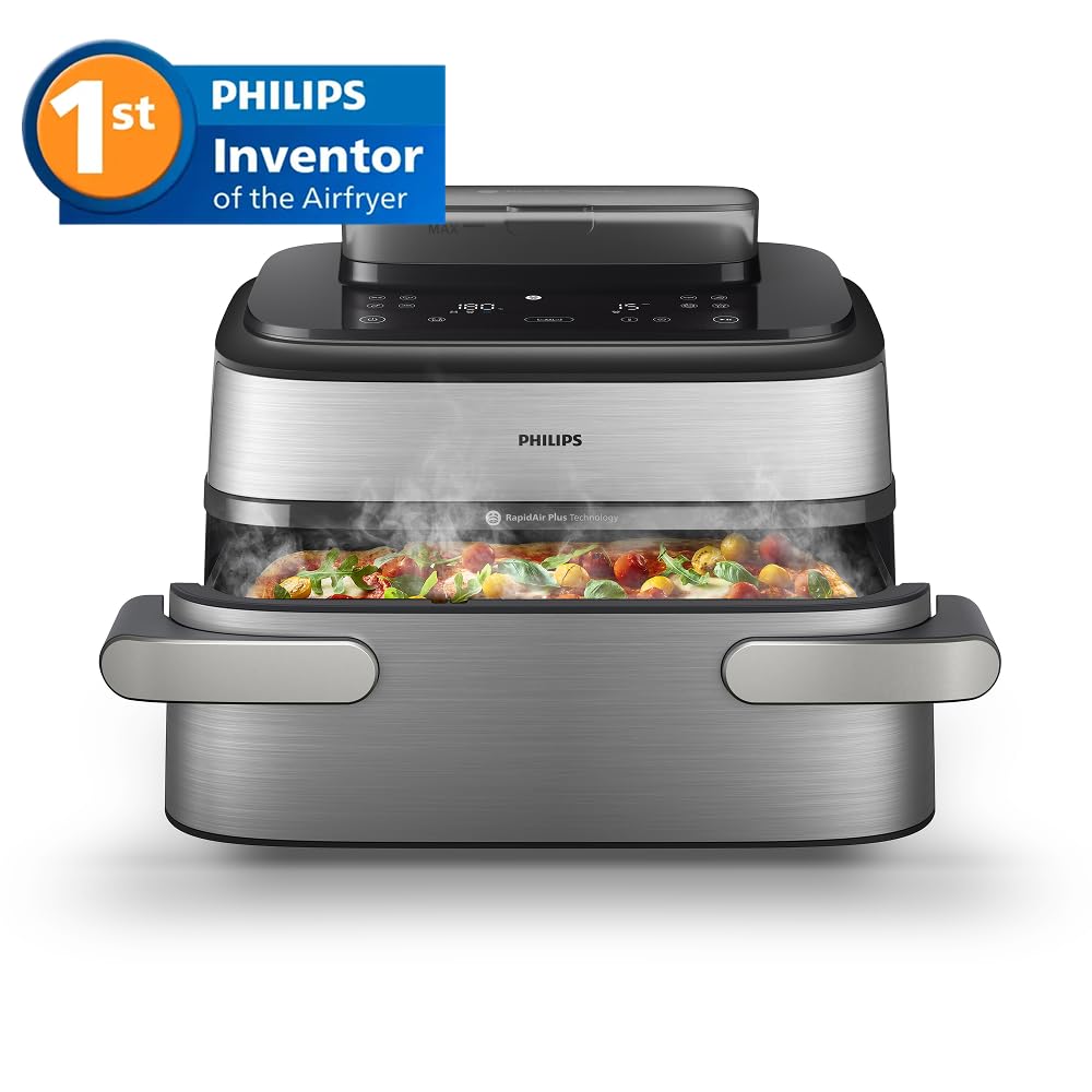 Philips Airfryer 5000 Series Megabasket with Steam - Unique Steamfry, Steam & Airfry - 28 Ways to Cook; 9,5L in Megabasket or 3L + 6L Dual Basket, RapidAir Plus Technology, Auto SteamClean (NA565/92) — view 2