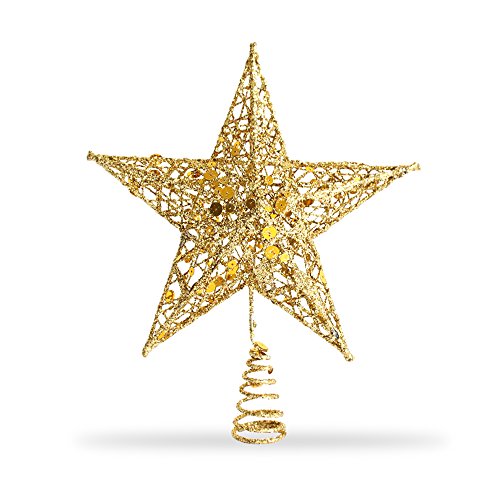 Qable Powerz(TM) Star Tree Topper, Exquisite Shimmery 8-inch x 6-inch Star Christmas Tree Topper Christmas Tree Decoration 5 Point Star Treetop Decor (Gold)