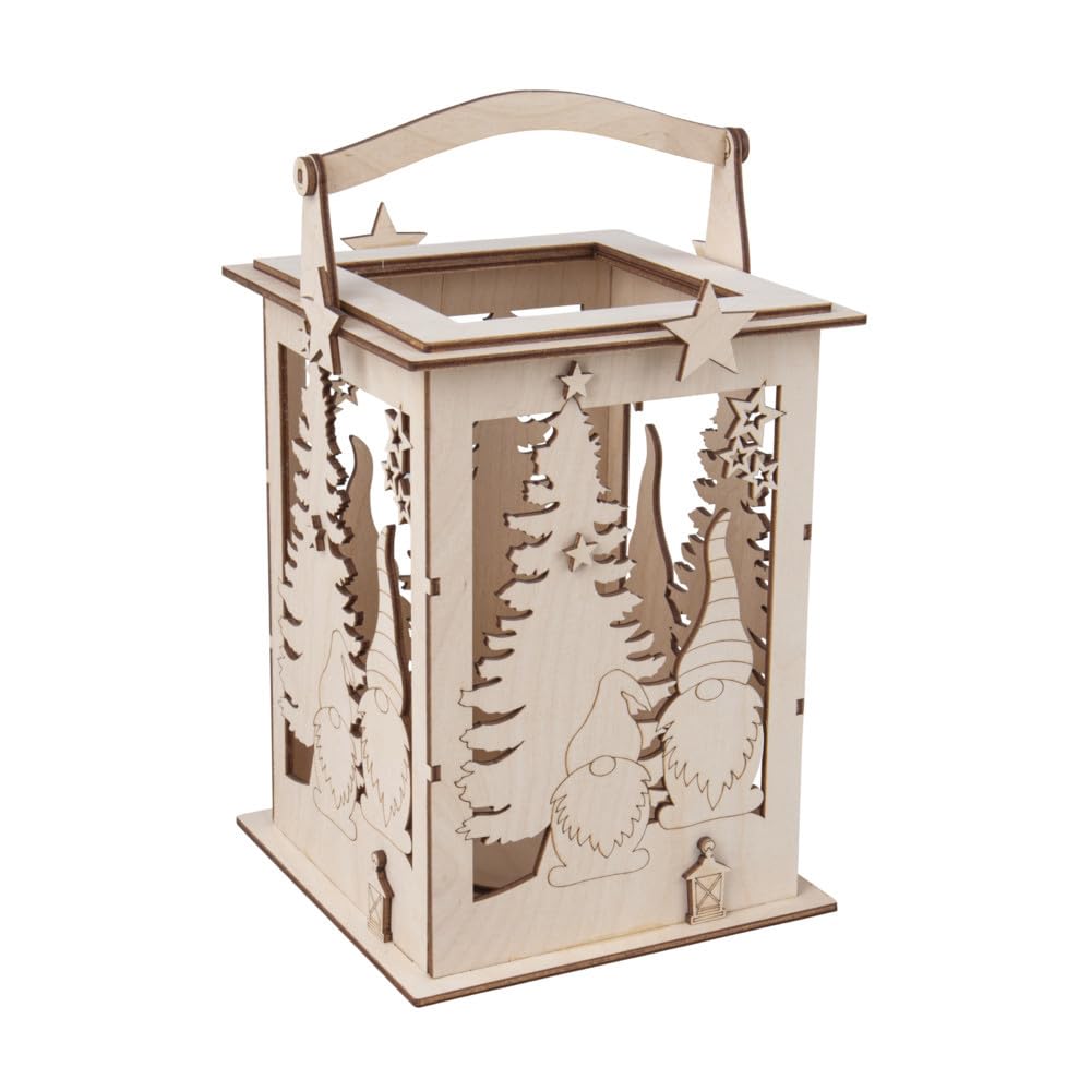 Rayher Wooden Lantern Building Kit with Gnome Design, DIY Wood Craft Set with 31 slot-together Pieces, natural wood, 15.3x15.3x26.5cm, 64517505