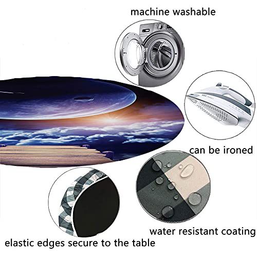 Outer Space Round Tablecloth, Watching A Meteor Rain From A Wooden Dock Under The Sun Rays Image, For Dining Tables, Self-Service Parties And Camping, Fit For 48" Table, Indigo Orange Brown #TOP3