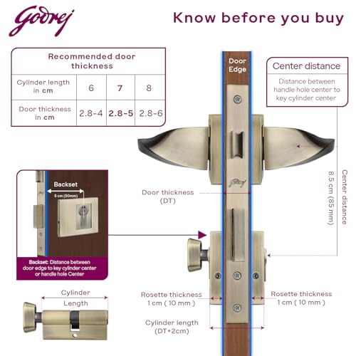Image of Godrej Mortise Lock | Twist Rossette Home Decor Handle | Antique Brass Finish | 9 Inch Lockbody | 70 mm 1CK Cylinder - Knob from Inside and with 4 Keys| 5 Years Warranty