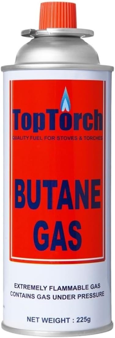 Toptorch Portable Can 225Gm Refillable Fuel Butane Gas Canister with 8 Reffling Adapter Suitable for Lighter Gas, Small Stove, Flame Torch, Burner Gas (Safety Release Device) Pack of 16