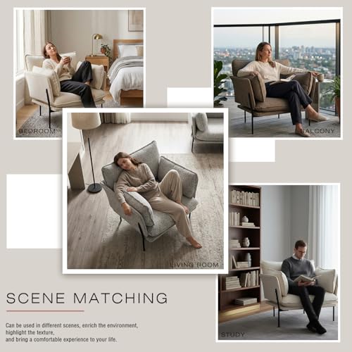 Image of Modern Boucle Accent Chair for Living Room Chairs,Oversized Upholstered Reading Chair Lounge Armchair with Sturdy Metal Legs,Comfy Single Sofa Chair for Living Room,Bedroom,Balcony (Cream)
