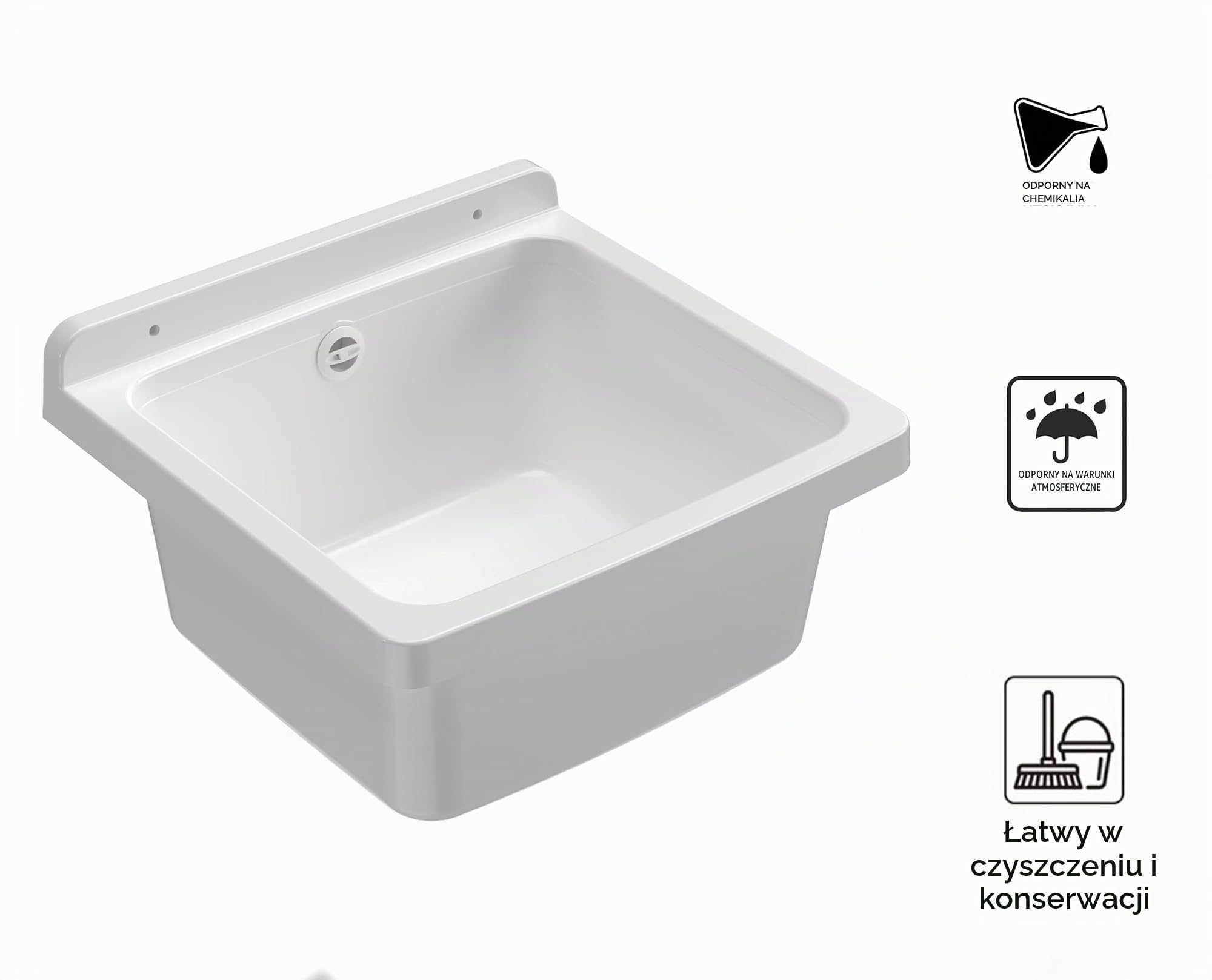 Adventa: Wanna z żywicy PP, do montażu na ścianie, kompaktowa, z syfonem i piletą, odporna na kwasy, pralnia, garaż, na zewnątrz, 40 x 40 x 19 h, biała