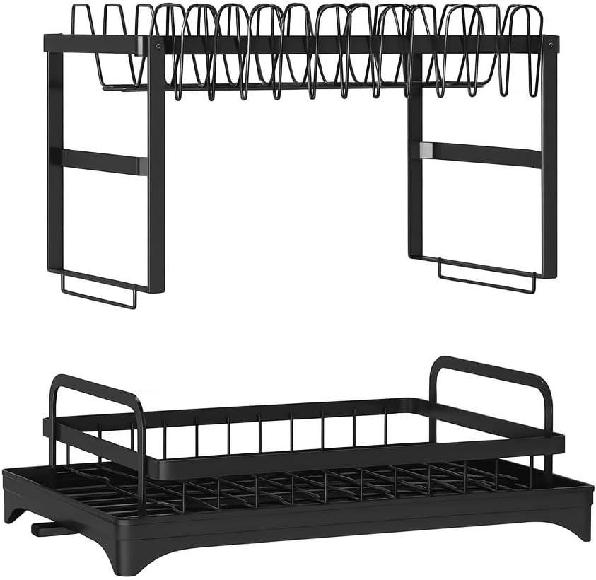 2-Tier Dish Drying Rack with Drainboard, Large Metal Dish Rack for Kitchen Counter, Rustproof Iron Dish Drainer with Utensil Holder, Cup Holder, Knife Holder and Cutting Board Rack