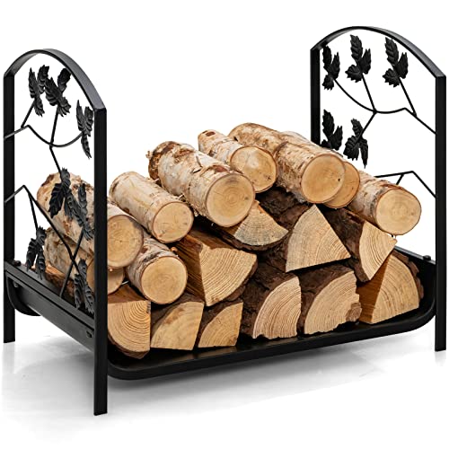 GOPLUS Range Bûches Cheminée, Porte Bûches en Acier avec des Pieds Surélevés, Motifs Feuilles Élégants, Charge 50 kg, Intérieur Extérieur 48 x 34 x 41...