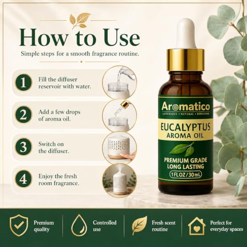 Image of AROMATICO Eucalyptus Diffuser Oil with Natural Aroma for Humidifiers, Homes, Offices & Showrooms, Candle and Soap Making | Fragrance for Aromatherapy | Essential Oil for Diffuser and Aromatherapy - 30 ml