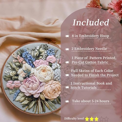 Image of FONNUY Bouquet Flowers Embroidery Kit for Beginners, Pre-Stamped Pattern Kits for Adults with Hoop, Easy to Follow Color Thread Needlework, 8'' Hoop (Heartwarming)