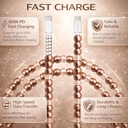Image of Cute Beaded USB Cable Type C Phone Charger for iPhone or Android Fast Charging Colorful 3.3ft Cord for Smartphones (Bronze)