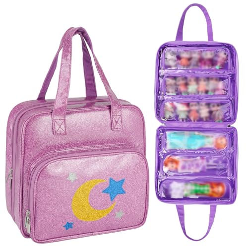 Jaffzora Funda de transporte para muñecas compatible con muñecas LOL Surprise, bolsa de almacenamiento de juguetes de viaje colgante con 6 bolsillos transparentes para niñas, color morado