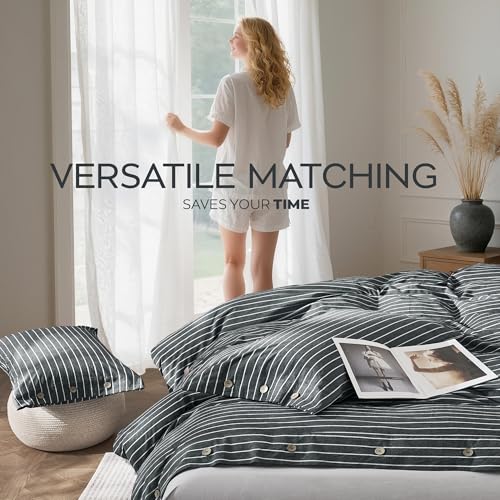 Image of JELLYMONI Cotton Duvet Cover King Size - Gray Pinstriped Comforter Cover with Button 100% Washed Cotton 3PCS Breathable Soft Solid Bedding Set Duvet Cover 104x90in & 2 Pillowcases (NO Comforter)