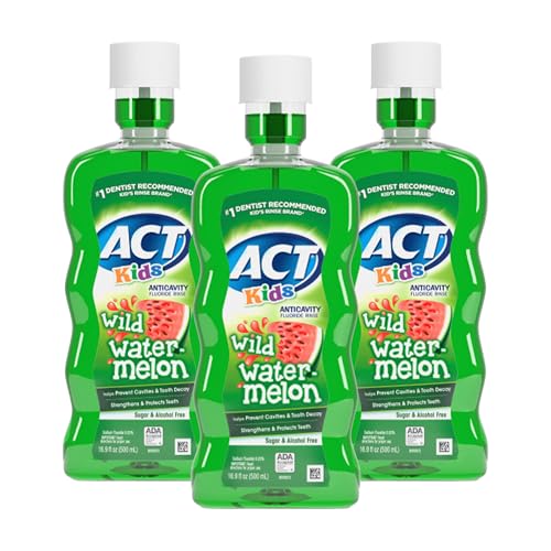 Image of ACT Kids Anticavity Fluoride Mouthwash, Sugar & Alcohol Free Mouth Rinse Strengthens Teeth, Wild Watermelon, 16.9 fl. oz.(Pack of 3)