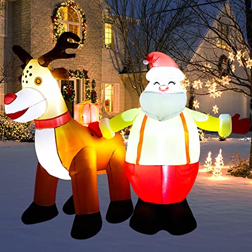 7ft Inflatables Christmas Yard Decorations, Blow Up Santa Reindeer Xmas Inflatable with LED Lights for Outdoor Yard Garden Party Decor