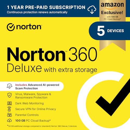 Norton 360 Deluxe with Extra Storage, 50 GB Extra Cloud Backup, Antivirus Software for 5 Devices and 1-year Subscription with Automatic Renewal