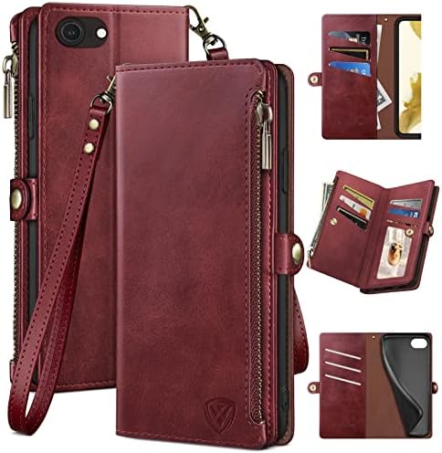 XcaseBar for iPhone SE 3rd/7/8 Wallet case with Zipper 【RFID Blocking】 Credit Card Holder, Flip Folio Book PU Leather Phone case Shockproof Cover Women Men for Apple se case Red