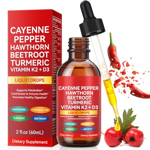 Cayenne Pepper Drops Supplement Liquid, Liquid Cayenne Pepper Drops Organic Extract, Hawthorn Berry, Vitamin K2 & D3 Beet Root Powder, Ceylon Cinnamon (2 Fl Oz (Pack of 1))