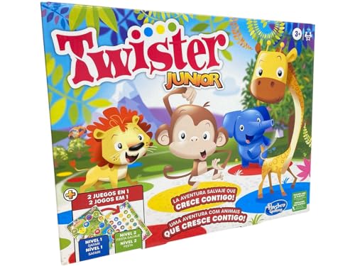 Hasbro Gaming Juego Twister Junior - Aventura con Animales - Tapete de 2 Lados 2 Juegos en 1 - Juego de Fiestas Interiores de 2 a 4 Jugadores - Juguete Infantil