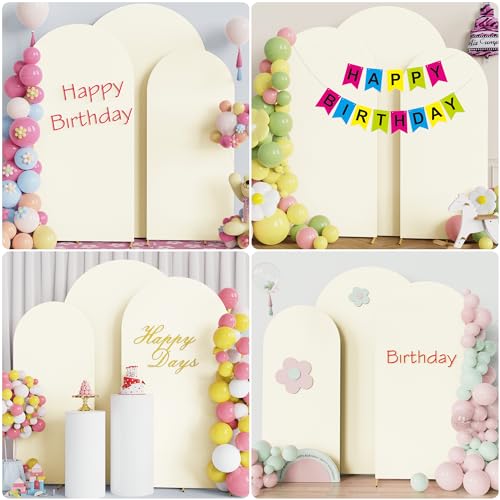 Image of Wokceer Wedding Arch Cover (7.2FT, 6.6FT, 6FT) Set of 3 Spandex Fitted Wedding Arch Stand Covers for Round Top Chiara Arch Backdrop Stands Cover for Birthday Party Ceremony Banquet Decor Ivory