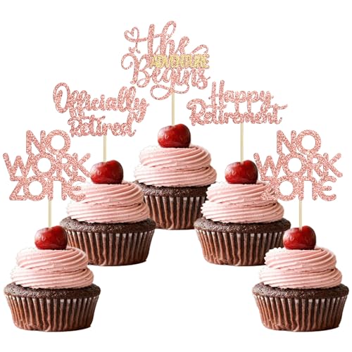 24Pcs Happy Retirement Cupcake Toppers Officially Retired Cake Toppers No Work Zone Adventure Begins Cupcake Picks Retirement Theme Farewell Birthday Party Decorations Supplies Rose Gold