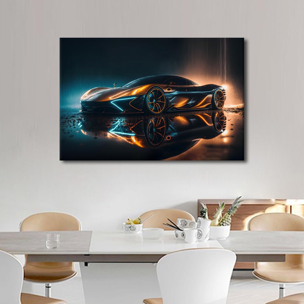 1 panneau sur toile d'art mural élégant futuriste voiture de luxe, surfaces métalliques réfléchissantes brillantes couvertes de gouttes de pluie, œuvre d'art sur toile pour décoration de maison,