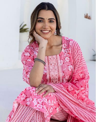 Image of SKYLEE Cotton Printed, Embroidery and Mirror Work A-Line Kurta Set with Dupatta