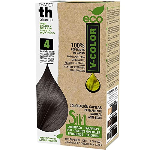 Thader Th Pharma ECO V-Color Kit de Coloración Capilar Permanente sin amoniaco 100% cobertura de canas, 120 ml (No. 4 Castaño medio) Cover
