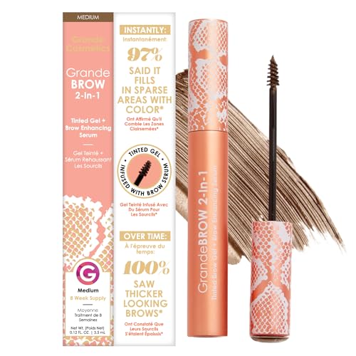 Grande Cosmetics GrandeBROW 2-in-1 Tinted Brow Gel + Brow Enhancing Serum for Thicker & Darker-Looking Eyebrows, Shape & Fill Brows, with Castor Oil & Mini Fibers - Medium, Full Size (0.12 fl oz)