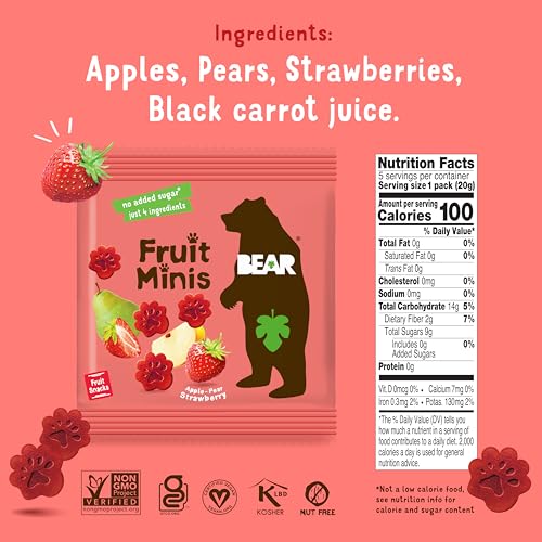 BEAR Real Fruit Snack Minis, Strawberry – (Pack of 18) – Bite Sized Snacks for Kids, Gluten Free, Vegan, Non GMO, 0.7 Oz - Image 3