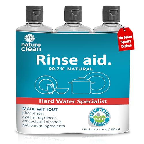 Comparison: Best Rinse Aid For Hard Water 6 Nature Clean All Natural Dishwasher Rinse Aid Cleaner, Liquid Dishwasher Rinse Agent for Spot-Free Glass & Cutlery in Hard Water, Non Toxic Dish Washer Rinse Aid & Stain Remover, 8 oz/250ml, Pack of 3