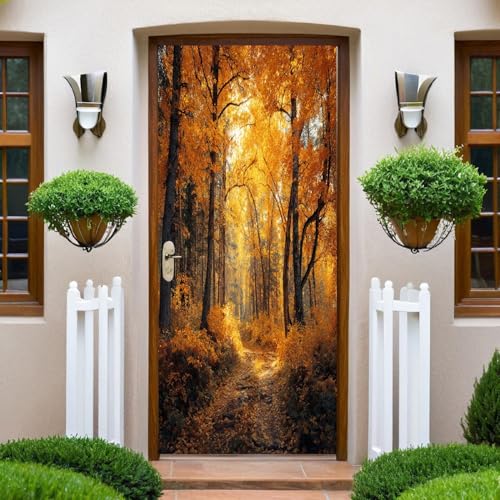 Paisaje de OtoñO Pegatinas Puertas Decorativas Sendero de hojas amarillas del bosque Etiqueta de La Puerta 3D Murales 77x200 Pelar y pegar PVC Papel Tapiz Carteles Pegatinas de Pared para Dormitorio