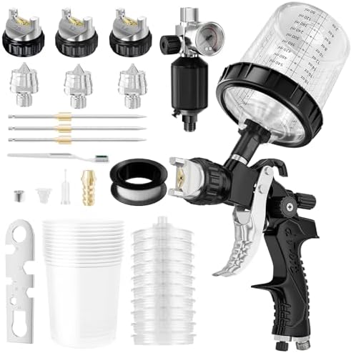 HVLP Air Spray Gun with 1.4/1.7/2mm Nozzles & Air Compressor Regulator, Air Spray Paint Gun w/10pcs 600cc Mixing Cup and Lids, Automotive Paint Sprayer for Car, House Painting, Furniture