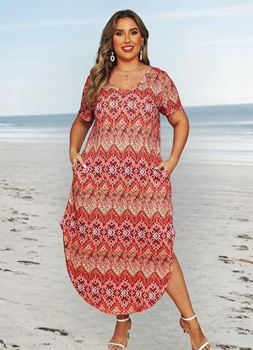 Image of Plus Size Short Sleeve Maxi Dresses for Women 2024 Floral Printed V Neck Slit Long Sundress with Pockets Orange