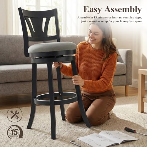 Image of MALOL Swivel Bar Stools Set of 3, 30 Inch Bar Height Barstool with Silent Rotation, High-Density Foam Cushion, Solid Wood Frame, Footrest & Anti-Slip Pads for Kitchen Islands and Home Bars, Grey