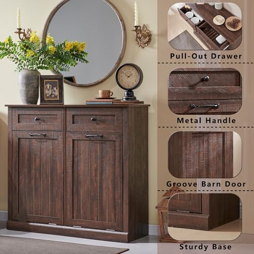 Image of IFGET Double Tilt Out Trash Cabinet, Wood Trash Can Cabinet, Brown